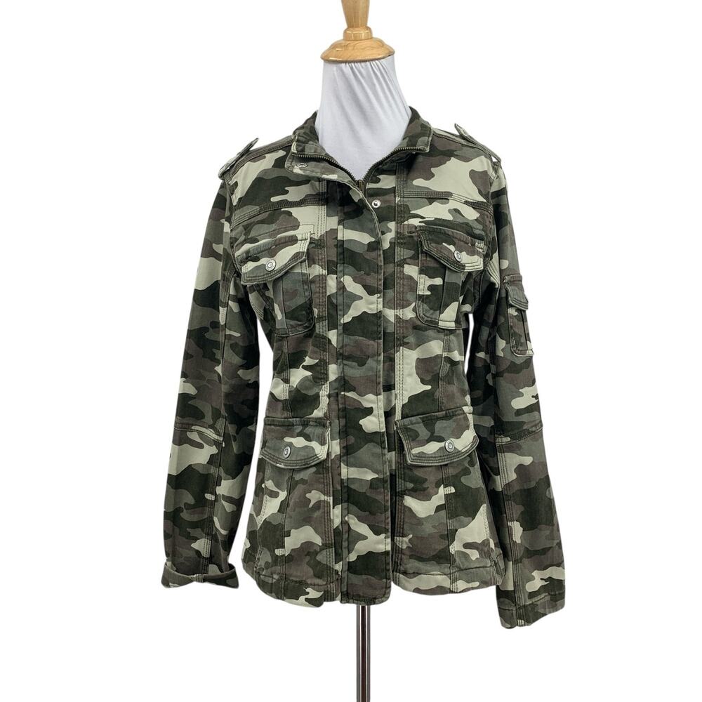 Kensie Jeans Jacket Womens M Medium Denim Camo Utility Full Zip Long Sleeve
